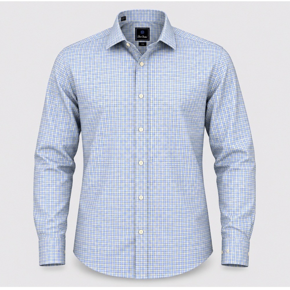 David Donahue Mens Trim Fit Dress Shirt 17 34/35 Blue Yellow Plaid Cotton L/S